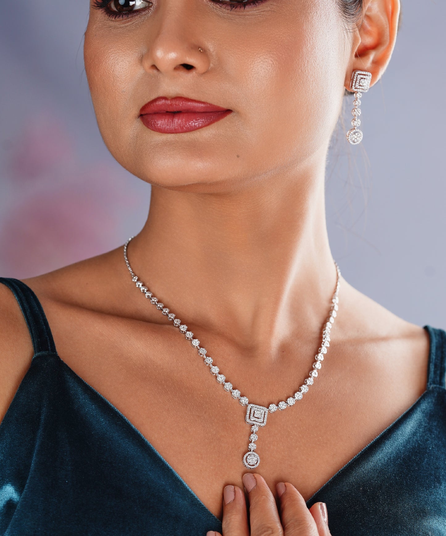 The Royal Square Diamond Necklace & Earrings Set