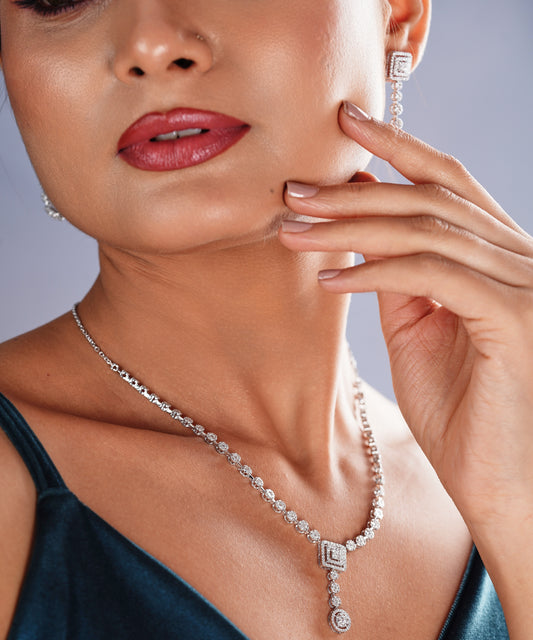The Royal Square Diamond Necklace & Earrings Set