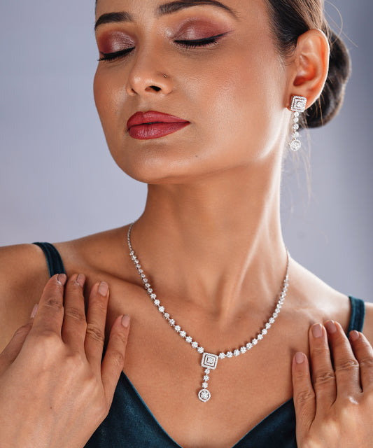 The Royal Square Diamond Necklace & Earrings Set
