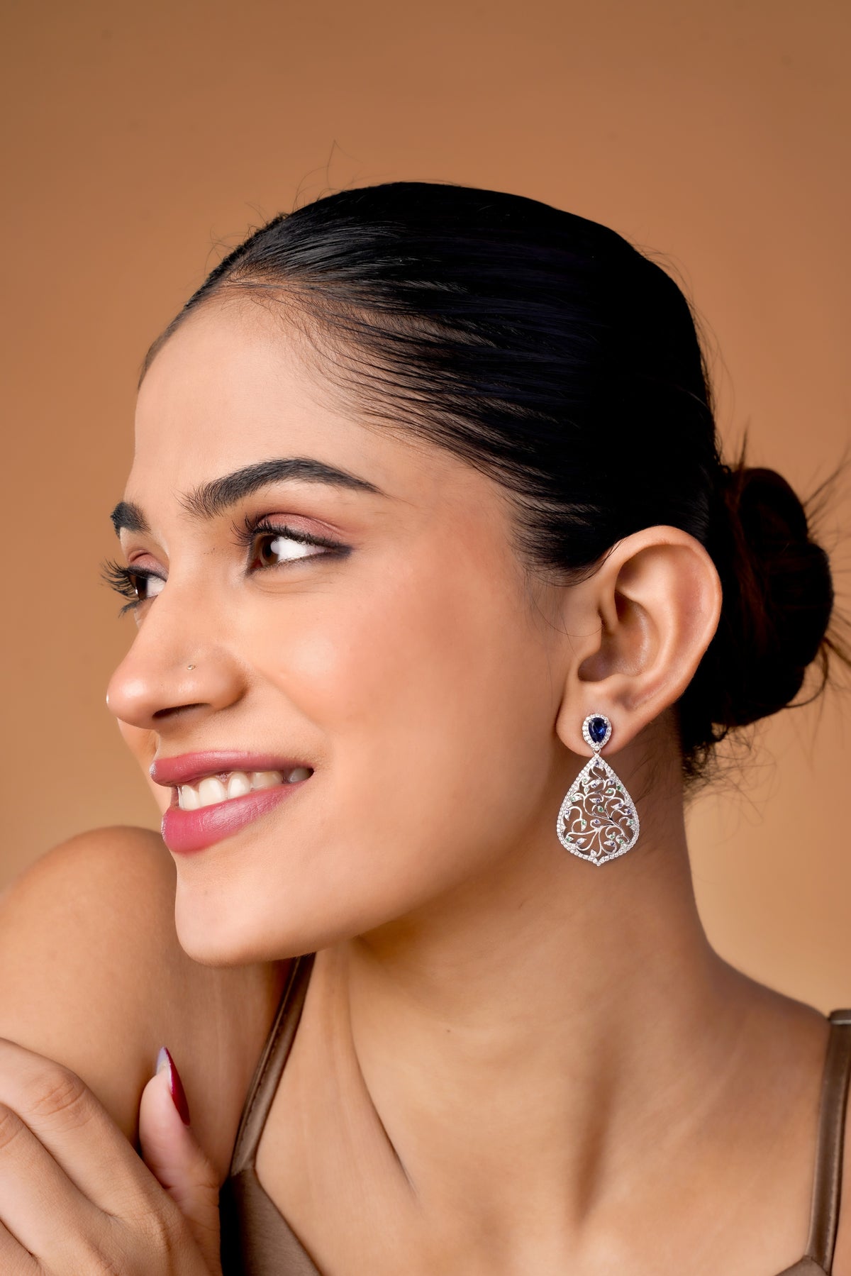 Elegant Floral Teardrop Earrings with Blue & Green Accents