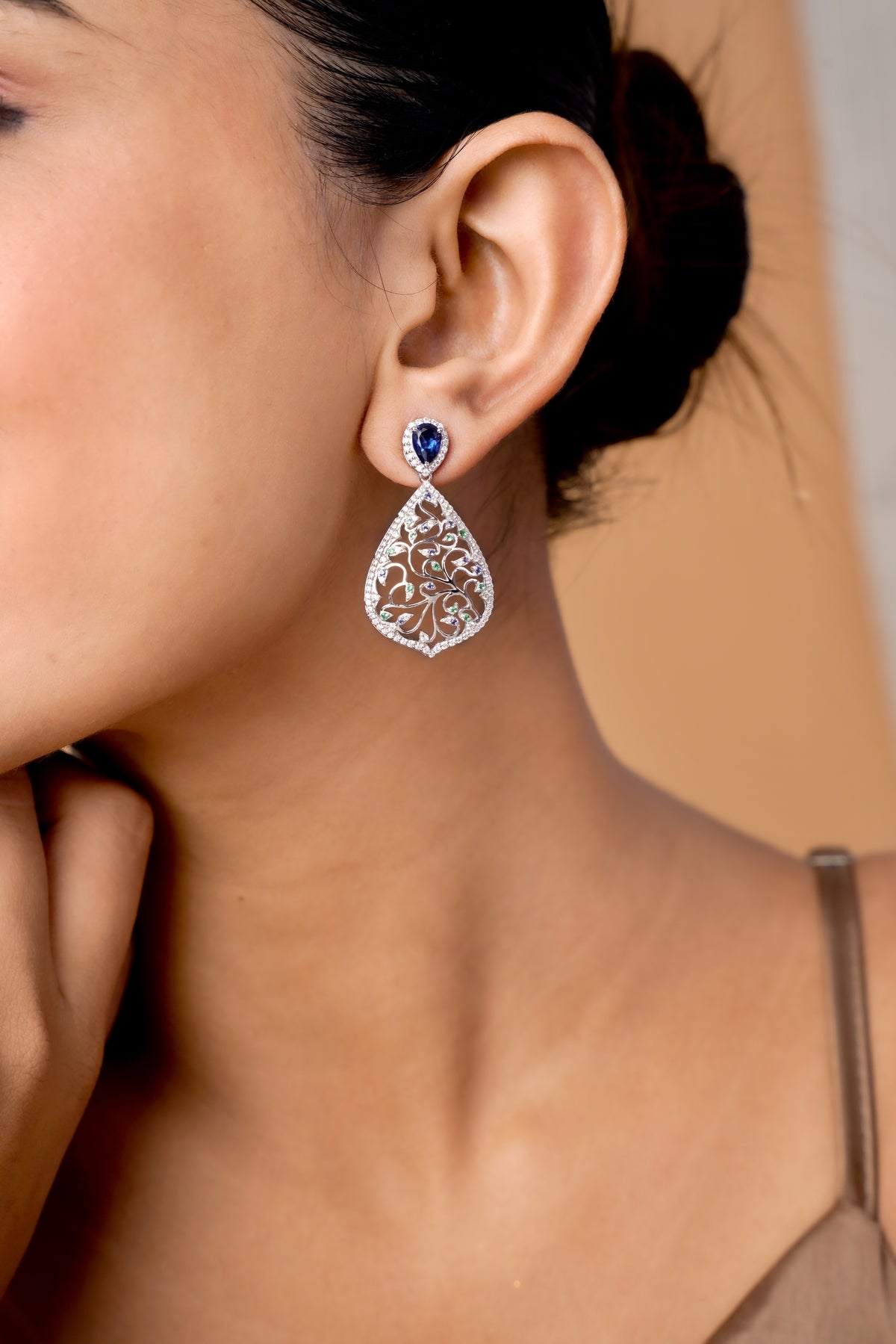 Elegant Floral Teardrop Earrings with Blue & Green Accents