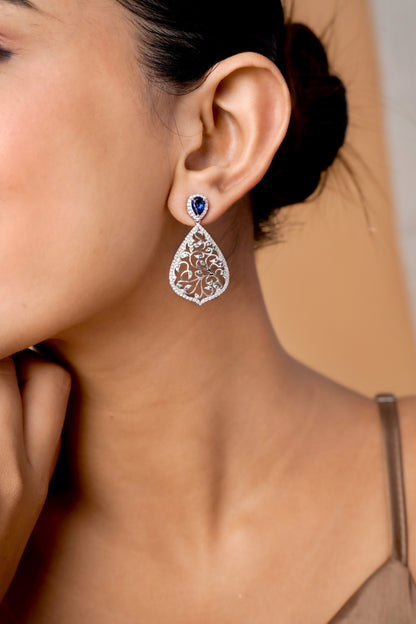 Elegant Floral Teardrop Earrings with Blue & Green Accents