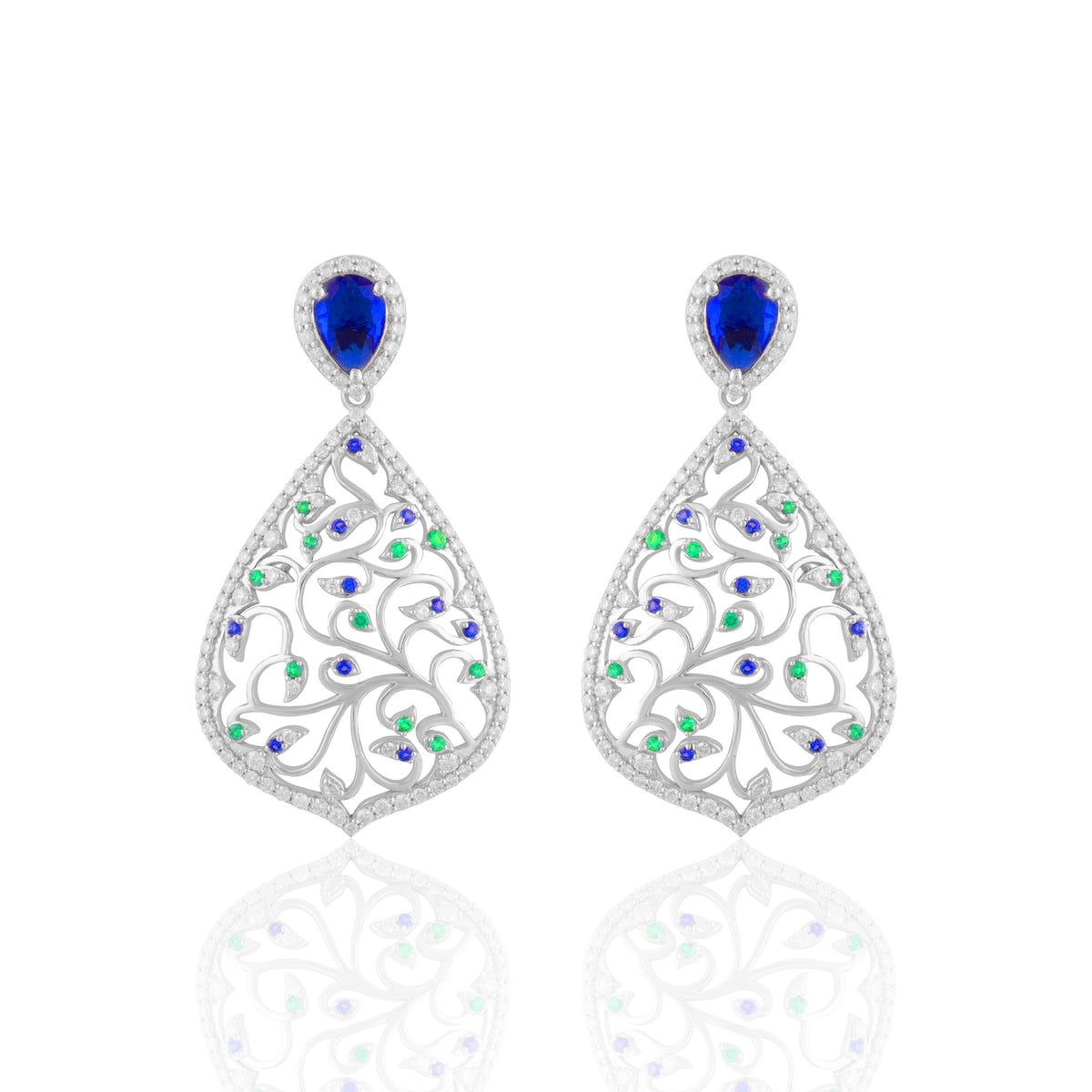 Elegant Floral Teardrop Earrings with Blue & Green Accents