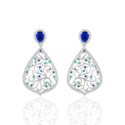 Elegant Floral Teardrop Earrings with Blue & Green Accents