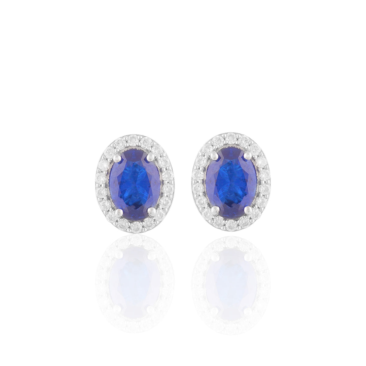 Blue Oval Stud Earrings with Clear Accents