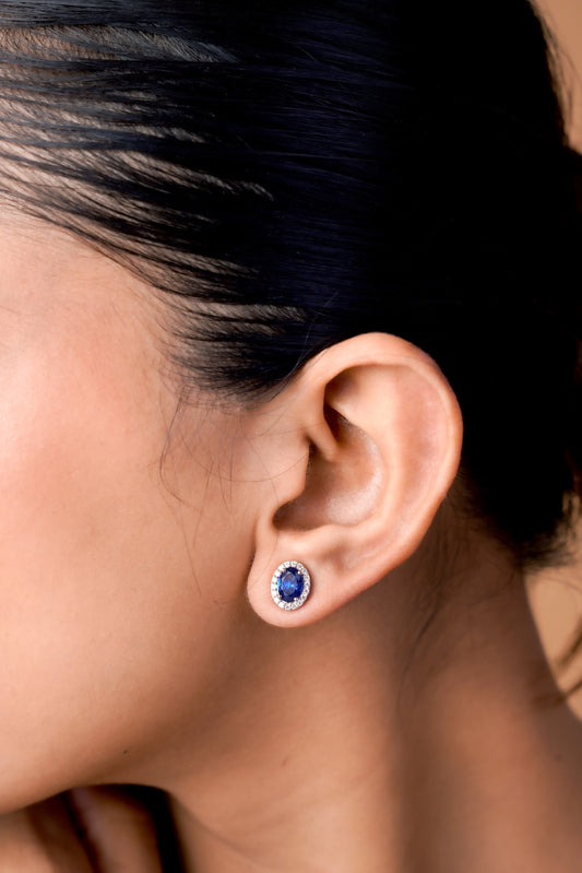 Blue Oval Stud Earrings with Clear Accents