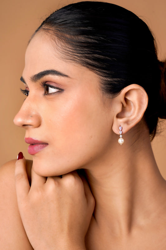Purple Stone Pearl Drop Earrings