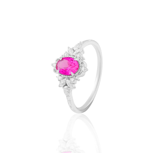 Pink Oval Stone Halo Ring with Floral-Inspired Detailing