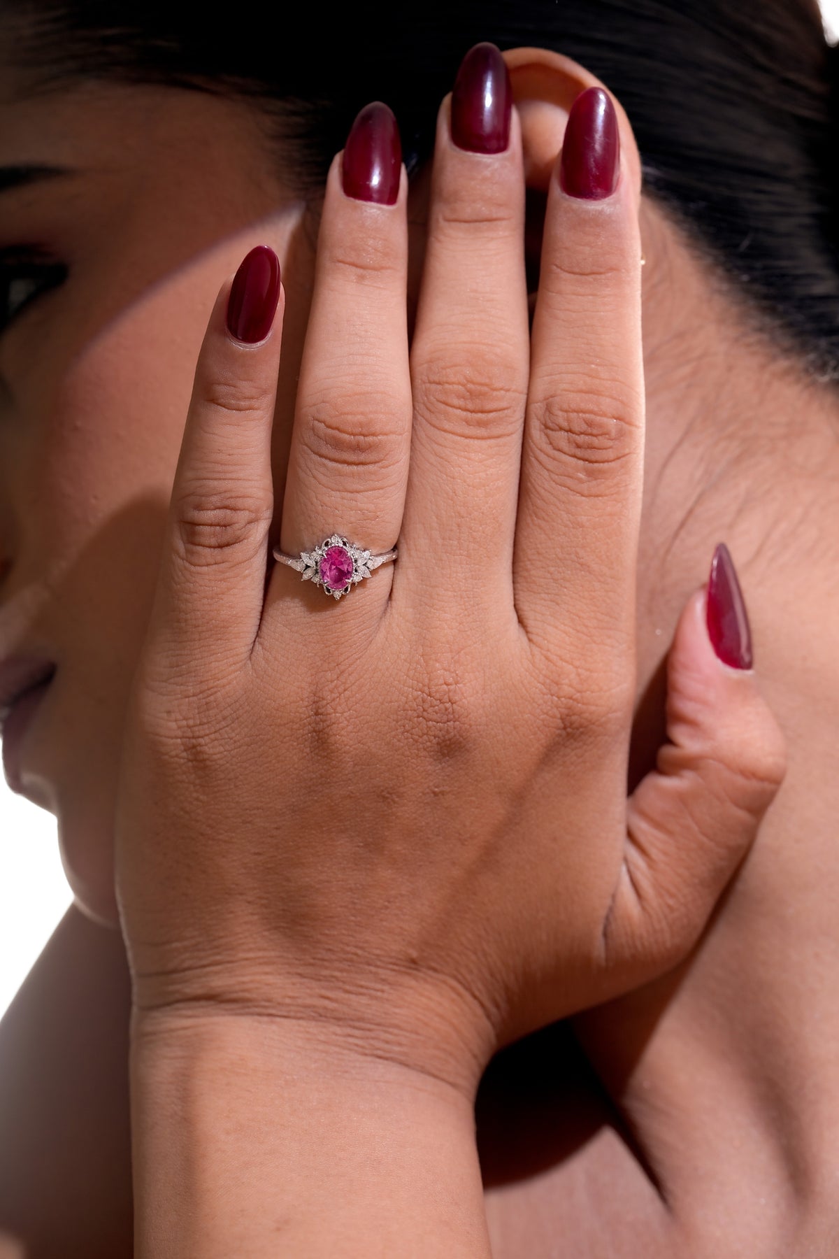 Pink Oval Stone Halo Ring with Floral-Inspired Detailing