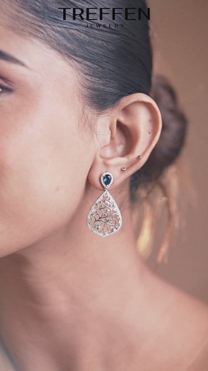Elegant Floral Teardrop Earrings with Blue & Green Accents