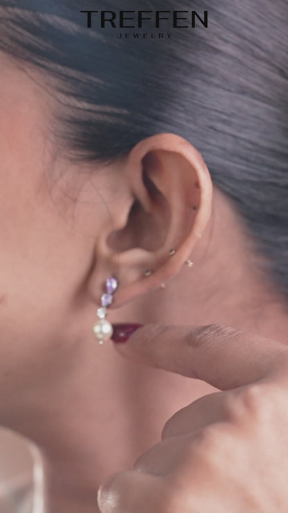 Purple Stone Pearl Drop Earrings