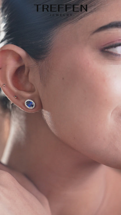 Blue Oval Stud Earrings with Clear Accents